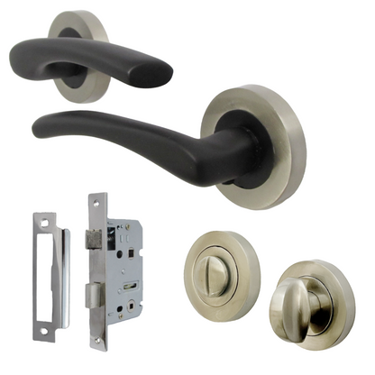 Zena Door Handle Bathroom Set Modern Matt Black Lever Satin Rose Internal Thumbturn
