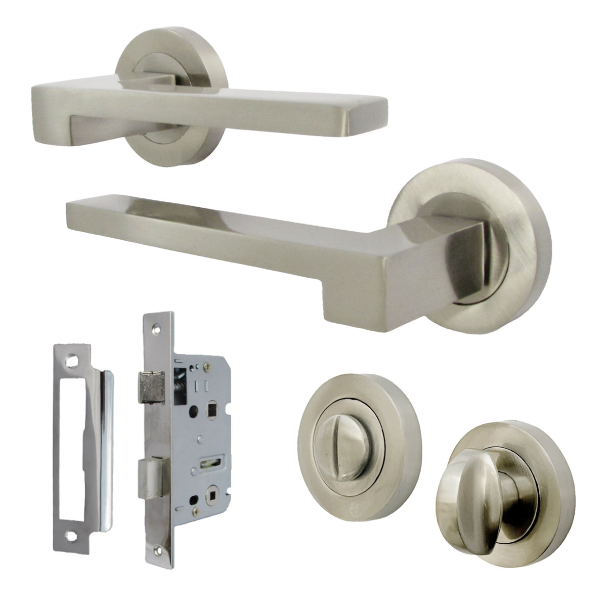 Marketplace JPG companion for UNO-3 Door Handle Bathroom Set Modern Satin Nickel Lever on Rose with Thumbturn and Lock