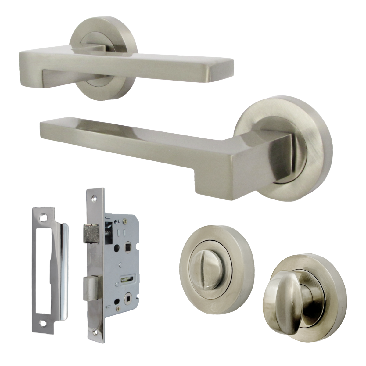 Poignée de porte de salle de bain UNO-3, ensemble moderne en nickel satiné, levier sur rosace, bouton-poussoir interne
