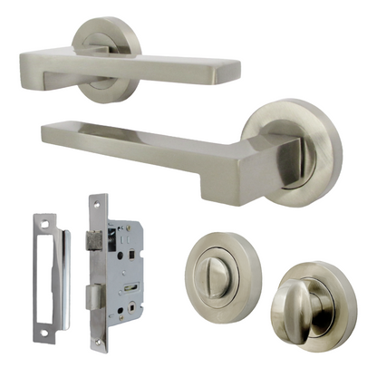 Poignée de porte de salle de bain UNO-3, ensemble moderne en nickel satiné, levier sur rosace, bouton-poussoir interne