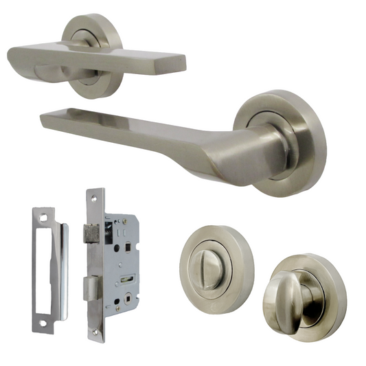 UNO-2 Door Handle Bathroom Set Modern Satin Nickel Lever on Rose Internal Thumbturn