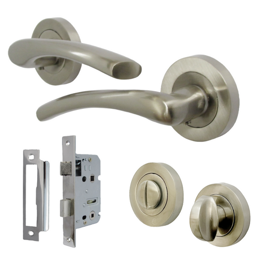 Zena Door Handle Bathroom Set Modern Satin Nickel Lever on Rose Internal Thumbturn