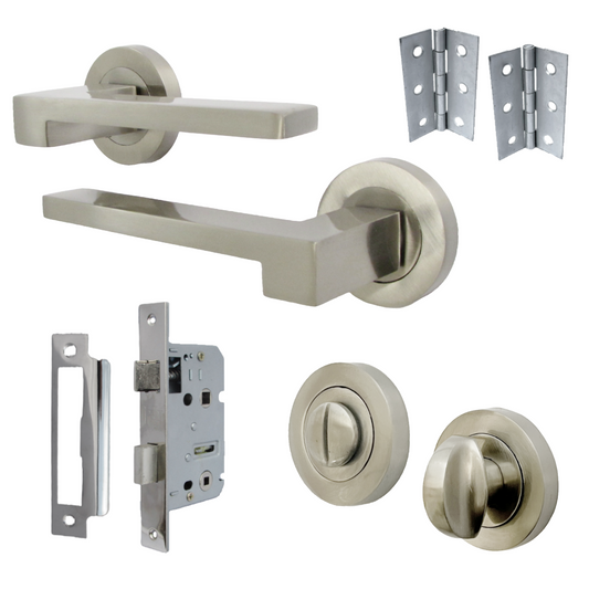 UNO-3 Door Handle Bathroom Set Modern Satin Nickel Lever on Rose Internal Thumbturn Pack