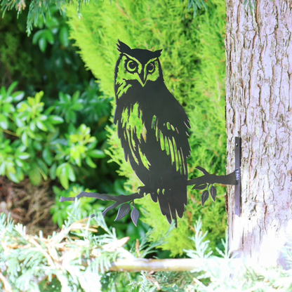 Owl Branch Stand Metal Black Silhouette, Tree or Fence Mountable Decoration