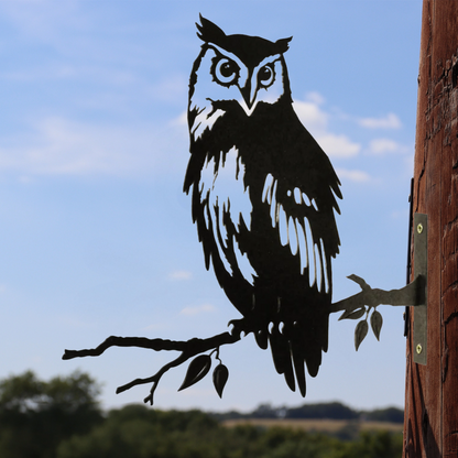 Owl Branch Stand Metal Black Silhouette, Tree or Fence Mountable Decoration