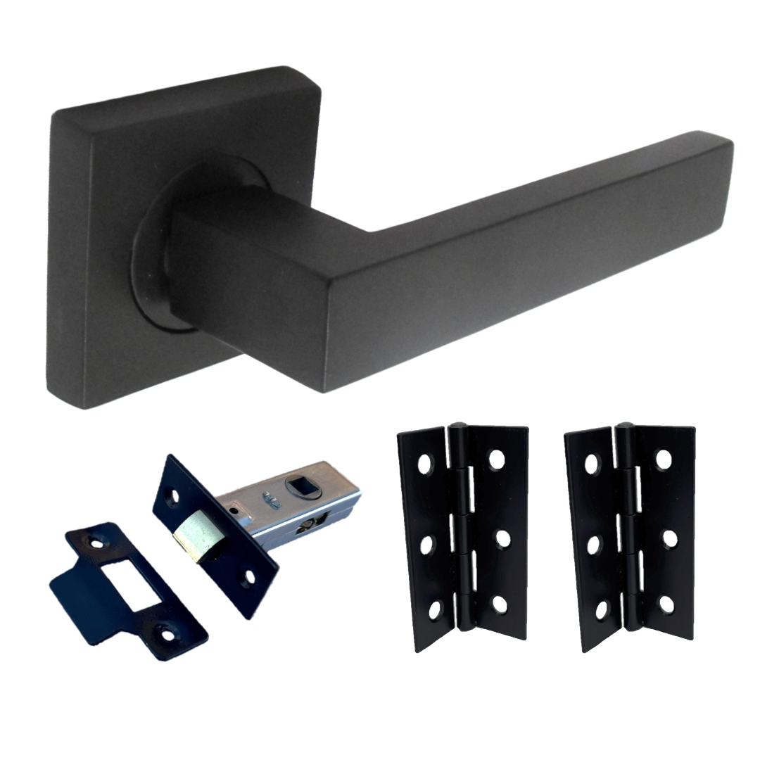 Cafri Door Handle Matt Black Rectangular Lever on Square Rose Internal + 64mm Latch & Hinges