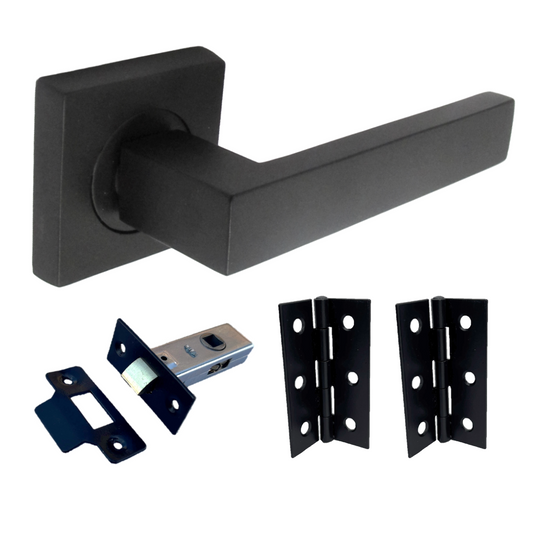 Cafri Door Handle Matt Black Rectangular Lever on Square Rose Internal + 64mm Latch & Hinges