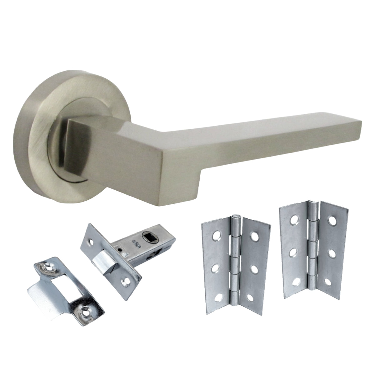 Marketplace JPG companion for UNO-3 Door Handle Modern Satin Nickel Lever on Rose Internal Handles + 64mm Latch & Hinges
