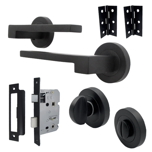 UNO-3 Door Handle Bathroom Set Modern Matt Black Lever on Rose Internal Thumbturn Set