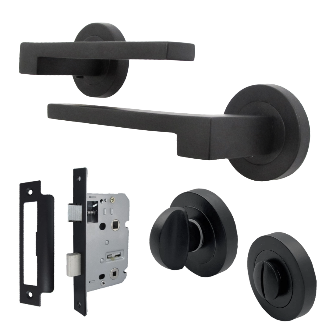 Ensemble de poignées de porte de salle de bain UNO-3, levier moderne noir mat sur rosace, ensemble de boutons-poussoirs internes