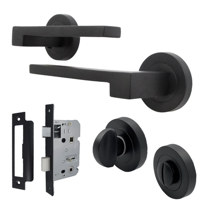 Ensemble de poignées de porte de salle de bain UNO-3, levier moderne noir mat sur rosace, ensemble de boutons-poussoirs internes