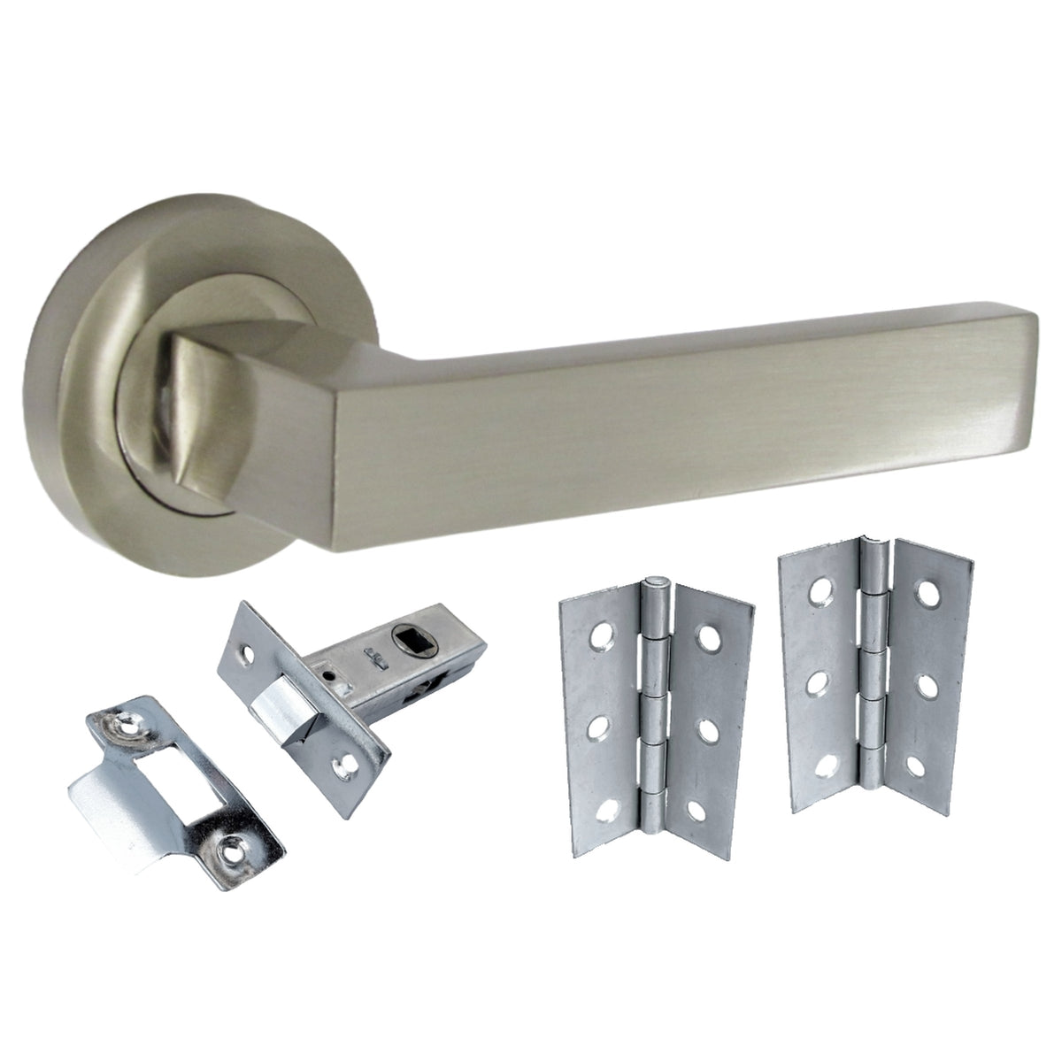 Marketplace JPG companion for Cafri Door Handle Modern Satin Nickel Rectangular Lever on Rose Internal + 64mm Latch & Hinges