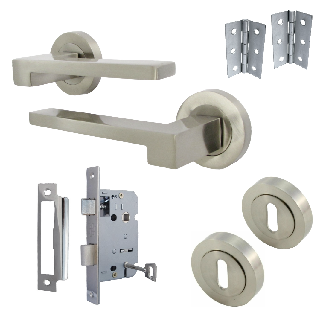 Ensemble de clés de serrure de poignée de porte UNO-3, levier moderne en nickel satiné sur rosace, pack d'écusson interne