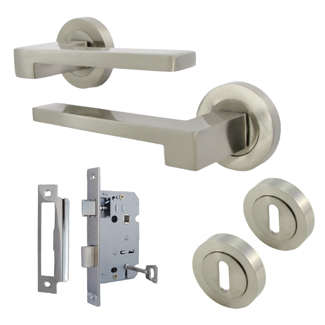 Ensemble de clés de serrure de poignée de porte UNO-3, levier moderne en nickel satiné sur rosace, écusson interne