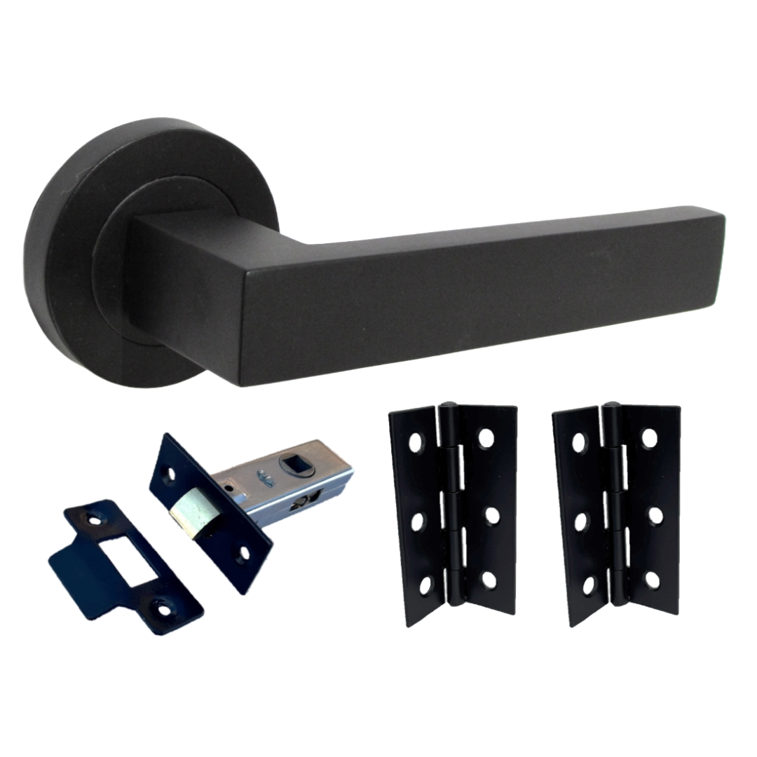 Cafri Door Handle Modern Matt Black Lever on Rose Internal Doors + 64mm Latch & Hinges