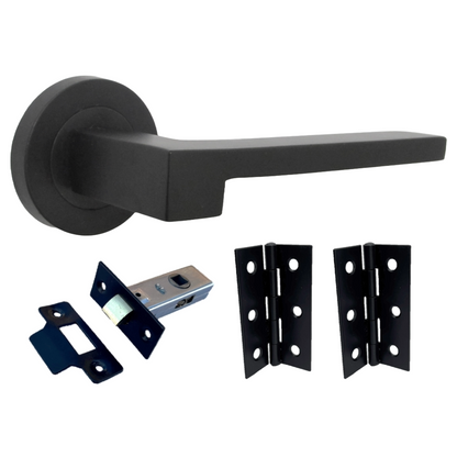 Poignée de porte UNO-3 moderne noire mate avec levier sur rosace, poignées intérieures + loquet et charnières de 64 mm
