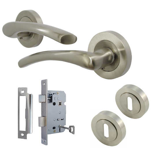 Zena Door Handle Lock Key Set Modern Satin Nickel Lever on Rose Internal Escutcheon