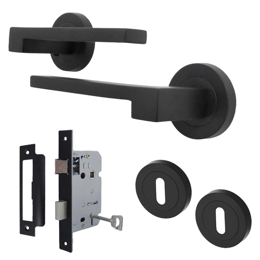 UNO-3 Door Handle Lock Key Set Modern Matt Black Lever on Rose Internal Escutcheon Pack