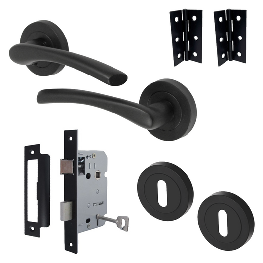 Zena Door Handle Lock Key Set Modern Design Matt Black Lever on Rose Internal Escutcheon