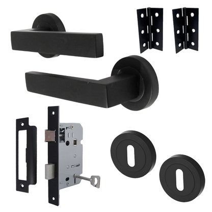 Cafri Door Handle Lock Key Set Modern Design Matt Black Lever on Rose Internal Escutcheon