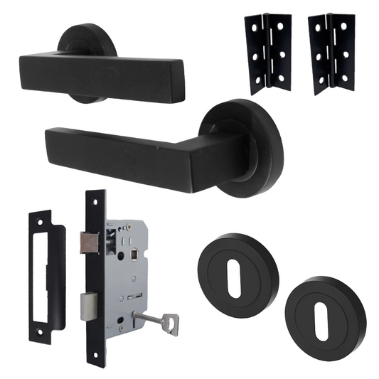 Cafri Door Handle Lock Key Set Modern Design Matt Black Lever on Rose Internal Escutcheon