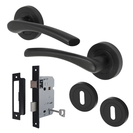 Zena Door Handle Lock Key Set Modern Design Matt Black Lever on Rose Internal Escutcheon
