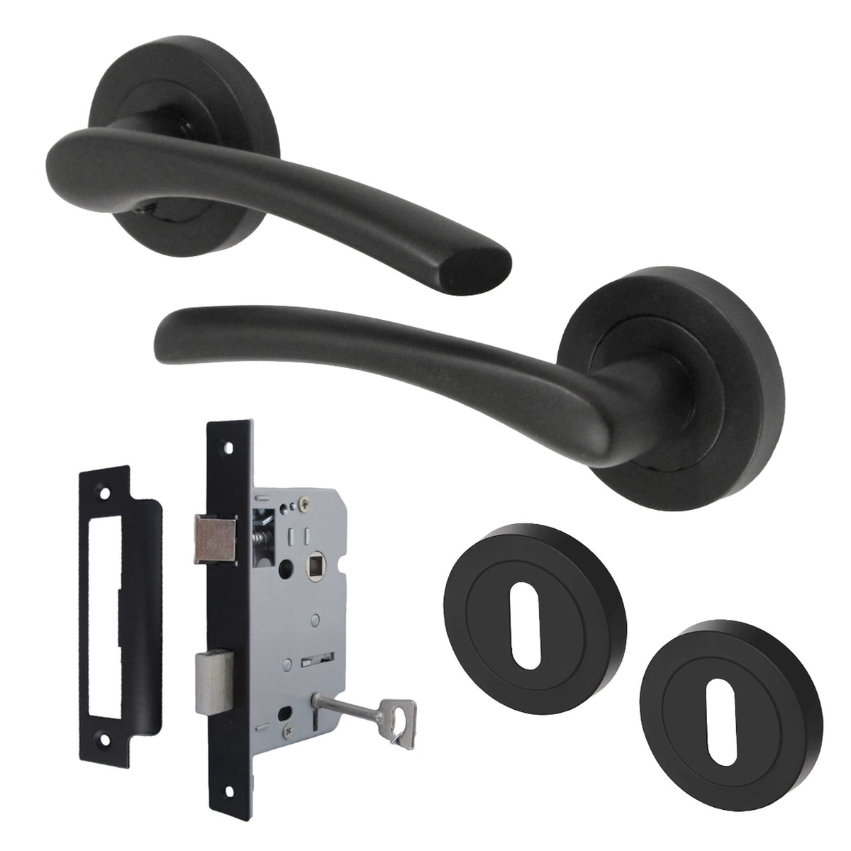 Marketplace JPG companion for Zena Matt Black Lever on Rose Key Lock Handle Pack with Escutcheon, Sashlock & Keys