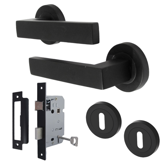 Cafri Door Handle Lock Key Set Modern Matt Black Lever on Rose Internal Escutcheon Pack