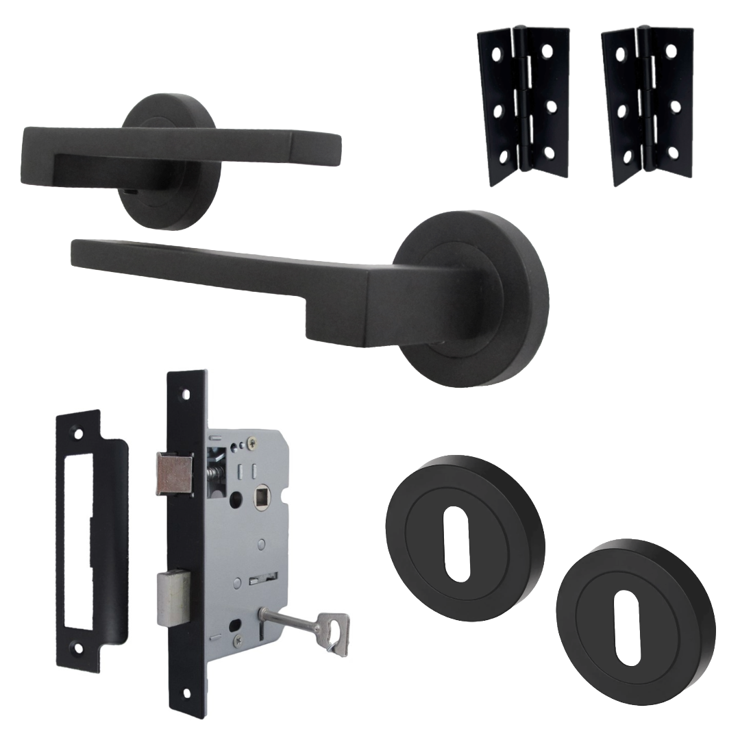 Ensemble de clés de serrure de poignée de porte UNO-3, levier moderne noir mat sur rosace, écusson interne