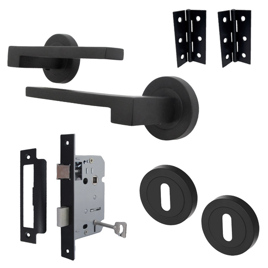 UNO-3 Door Handle Lock Key Set Modern Matt Black Lever on Rose Internal Escutcheon