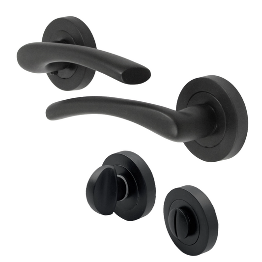 Zena Door Handle Bathroom Thumbturn Modern Design Matt Black Lever on Rose Internal