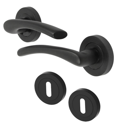 Zena Door Handle Escutcheon Lock Set Modern Design Matt Black Lever on Rose Internal