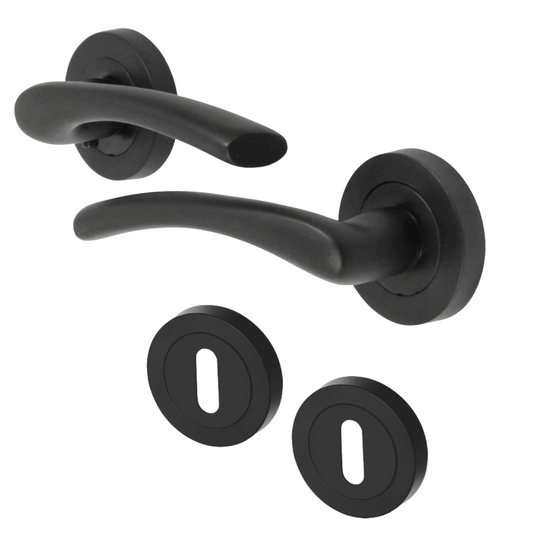 Zena Door Handle Escutcheon Lock Set Modern Design Matt Black Lever on Rose Internal