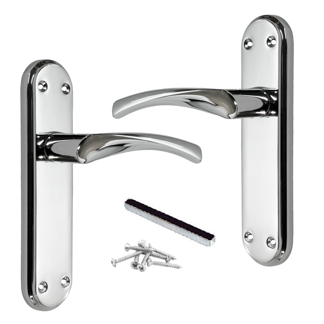 Genova Door Handles Polished Chrome Twist Lever Latch on Modern Marina Backplate