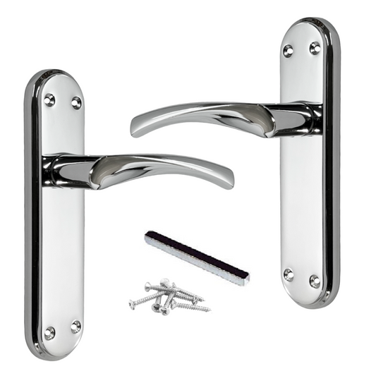 Genova Door Handles Polished Chrome Twist Lever Latch on Modern Marina Backplate