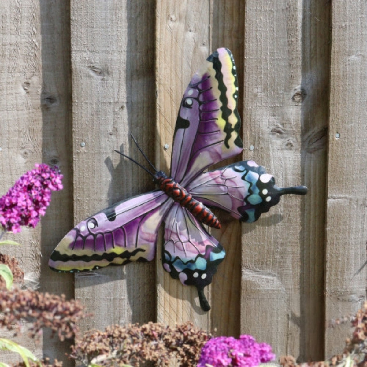Marketplace JPG companion for Metal Butterfly Wall Art Decoration - Pink Blue Green Orange Fence Butterflies - 24cm x 34cm x 1cm