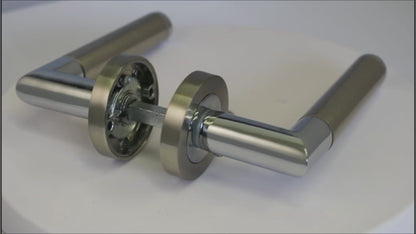 Straight Lever Rose Door Handles, Mitred Bathroom Thumbturn Lock Set, Duo Chrome Satin