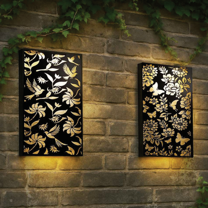 Metal Solar Wall Panel Butterfly Flowers or Birds Pattern Design