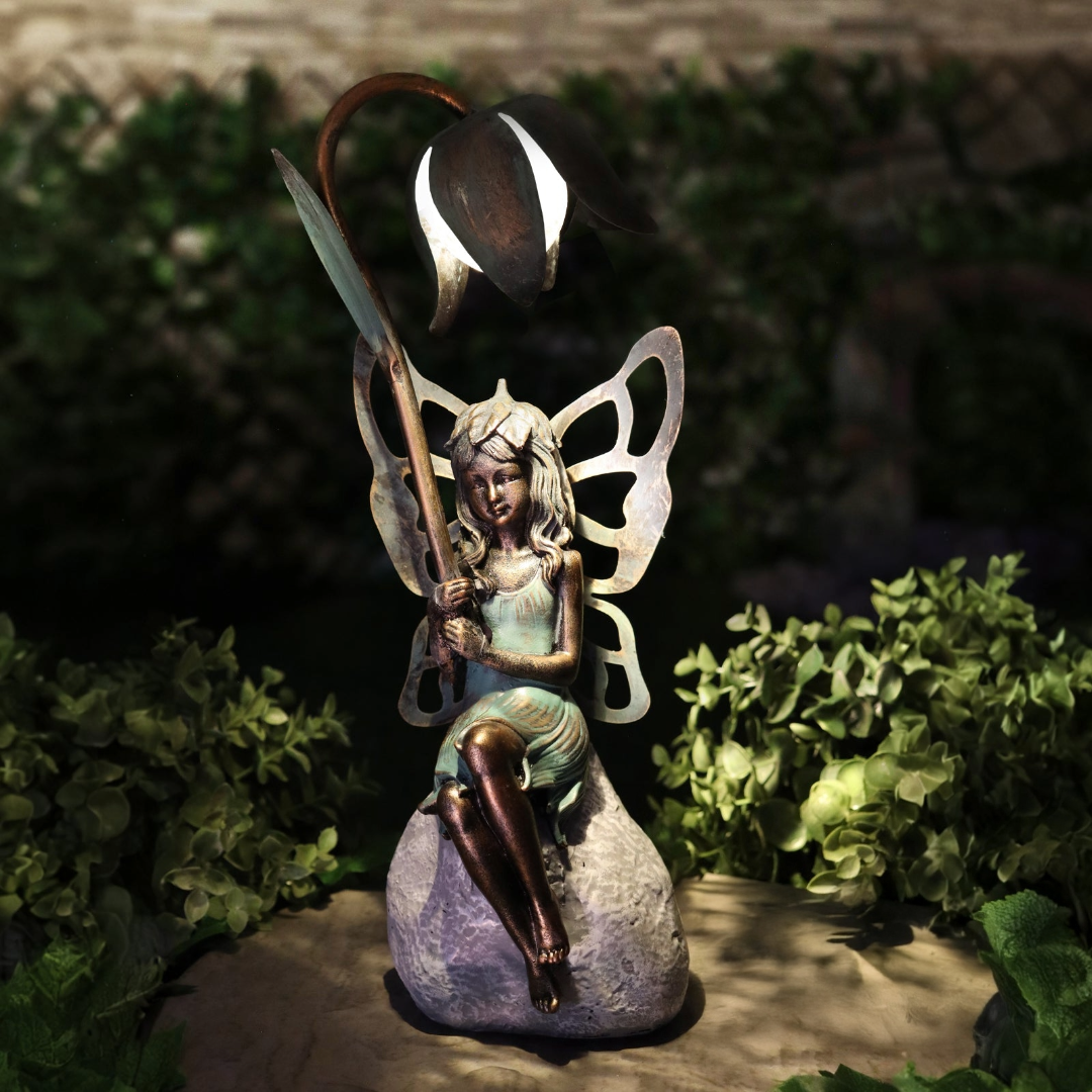 Fée en résine sur escargot ou avec bulle de fleur lumineuse solaire - Sculpture magique pour décoration de jardin intérieur et extérieur