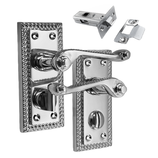 Georgian Door Handles Polished Chrome Suite Privacy WC Bathroom + Tub Latch