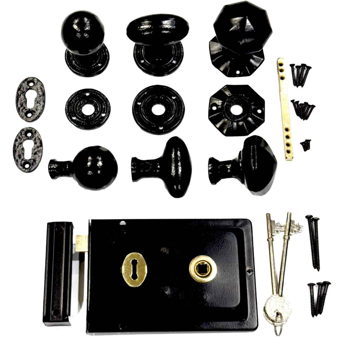 Traditional Rim Lock and Black Cast Iron Knob Set