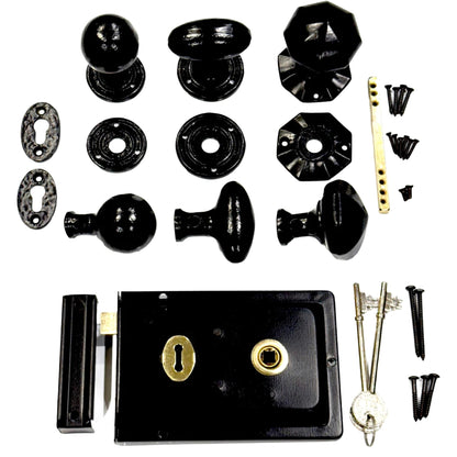 Traditional Rim Lock and Black Cast Iron Knob Set