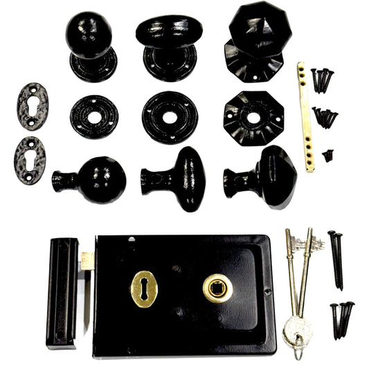 Traditional Rim Lock and Black Cast Iron Knob Set
