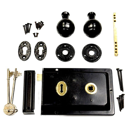 Traditional Rim Lock and Black Cast Iron Knob Set