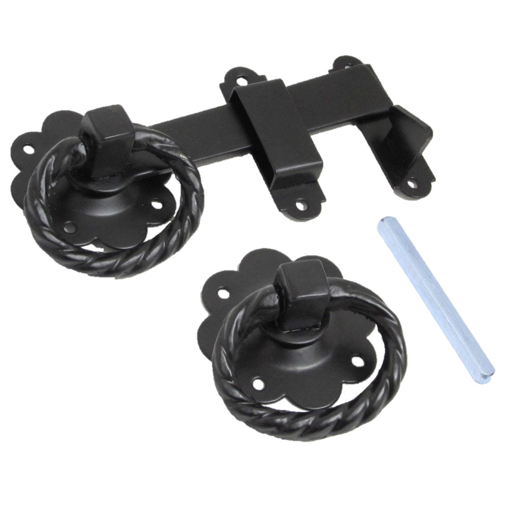 Ensemble de loquets de portail à anneau, grand modèle, finition BZP noire, loquet de porte de jardin 6"
