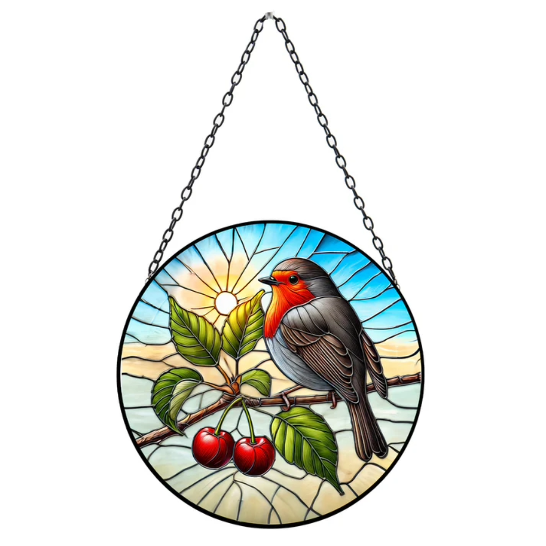 Stained Glass Suncatcher Robin Hanging Round Orbit Garden Decoration