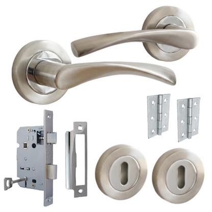 Astrid Door Handles Lock and Key Escutcheon Twist Lever on Rose - Satin Chrome 120mm