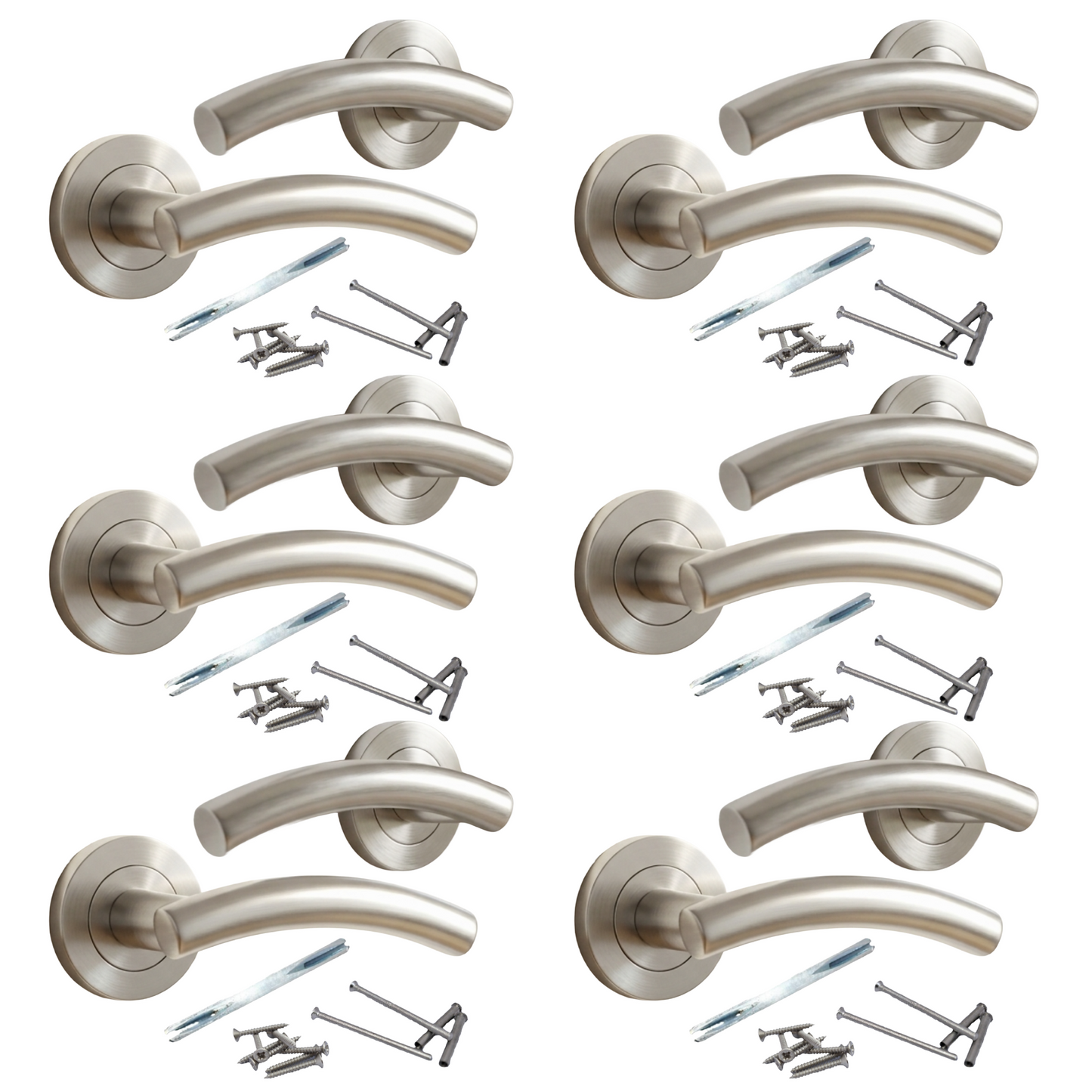 Multipack Arched Lever Door Handles on Round Rose - Satin 134mm - 10mm