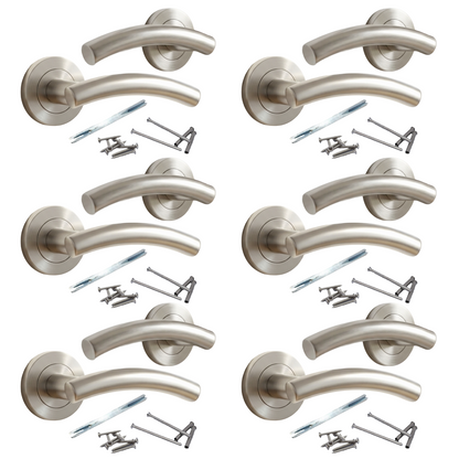 Multipack Arched Lever Door Handles on Round Rose - Satin 134mm - 10mm