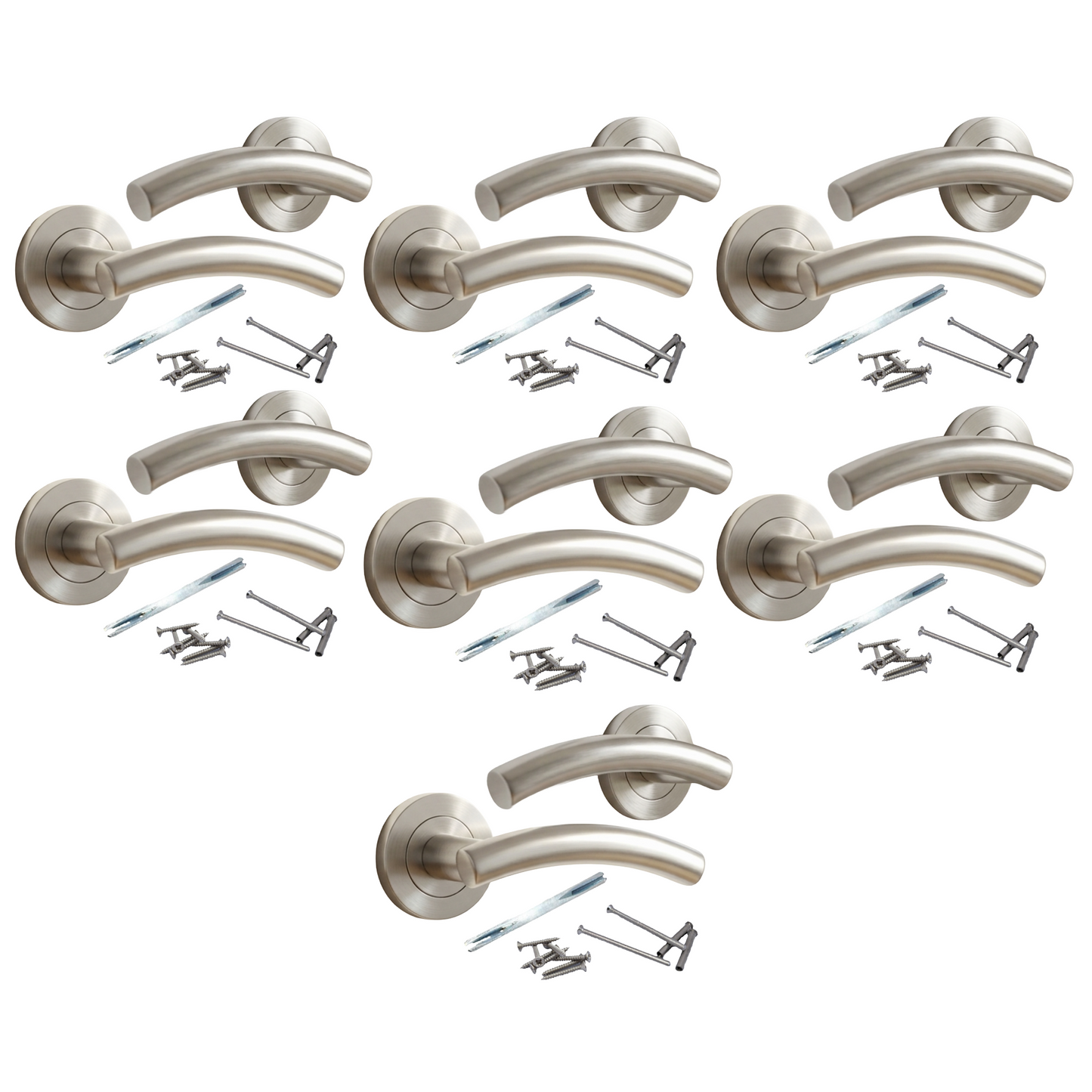 Multipack Arched Lever Door Handles on Round Rose - Satin 134mm - 10mm